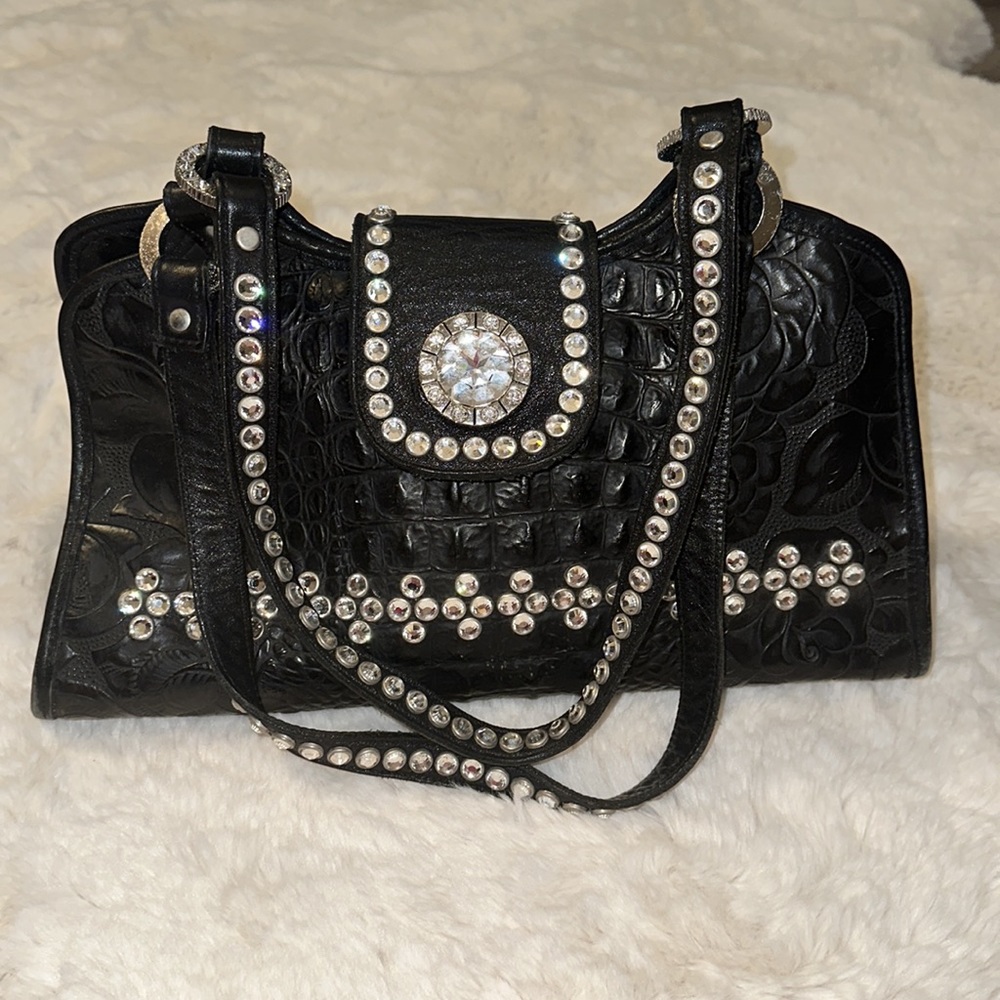 Raviani Bling Crystal Embellished Black Embossed Leather Purse Alligator Skin